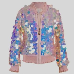 Hannah Banana Girls Pink Sequin Holographic Iridescent Bomber Jacket size 8